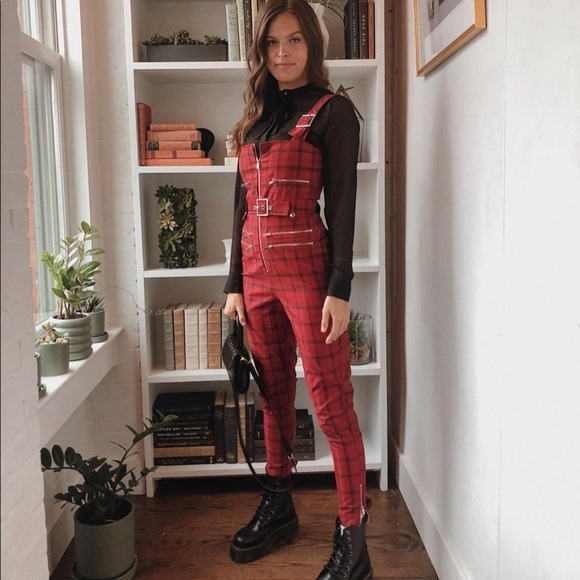 WeWoreWhat Moto Overalls in Red Plaid - Picture 6 of 16